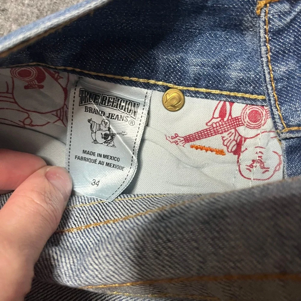 True Religion Mens Baggy Distressed Straight Jeans Blue 34x34 Y2K Streetwear